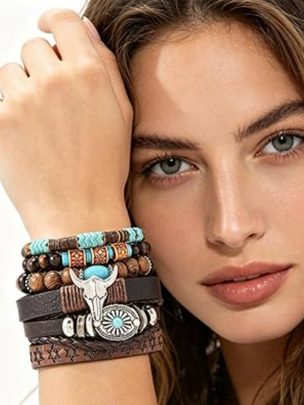 New Bohemian Multilayered Wood Beaded Layered Bracelet Set Turquoise Boho